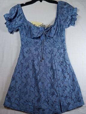 Blue Lace Lined Short Dress with Puff Sleeves By Mika & Gala
